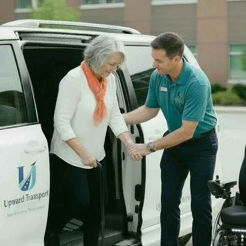 A driver helping a woman with a cane step out of a van
