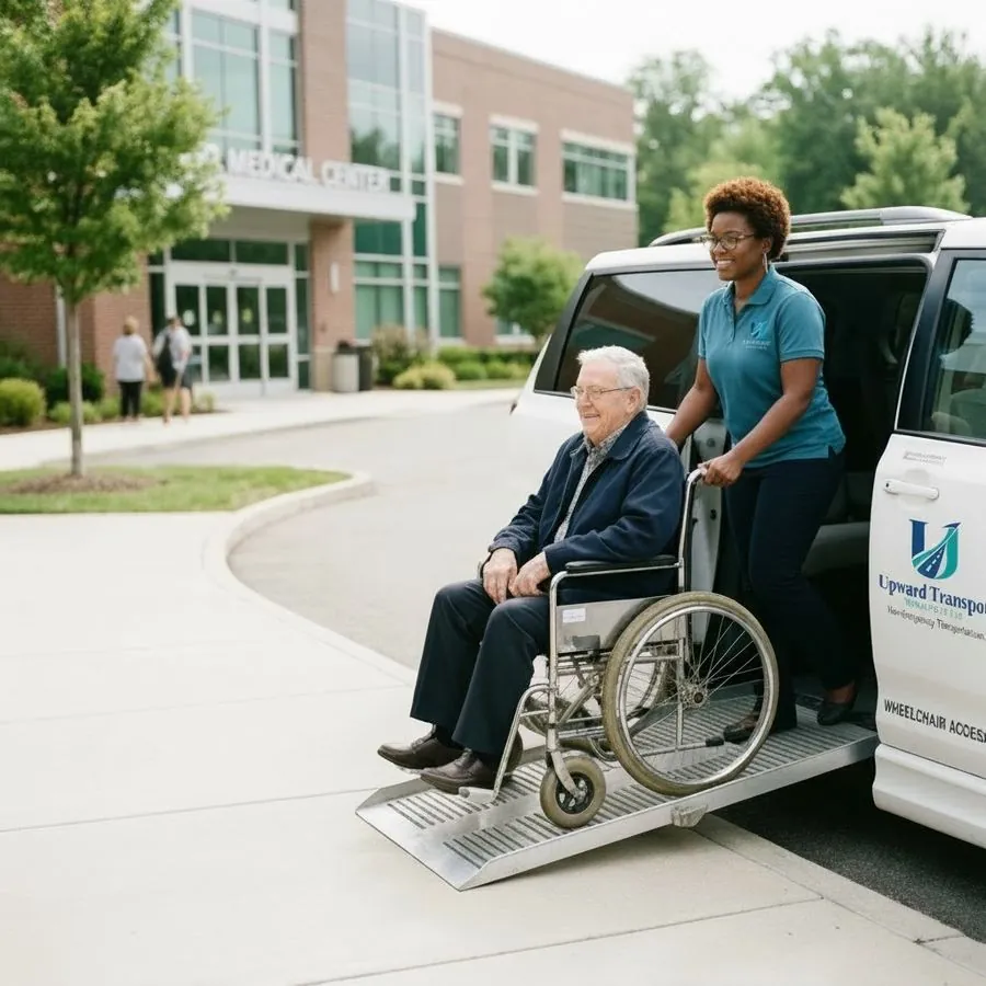 A driver assisting a man in a wheelchair on a van's ramp outside a medical building